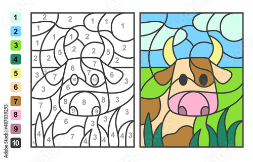 Color by numbers cow in the meadow. Puzzle game for children education, colors for drawing and learning mathematics