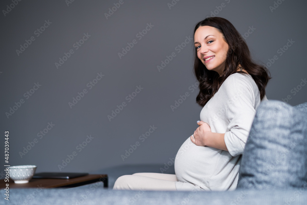 Happy pregnant woman relaxing at home. She is sitting on bed in bedroom. Happy pregnant woman relaxing at home. She is sitting on bed in bedroom.
