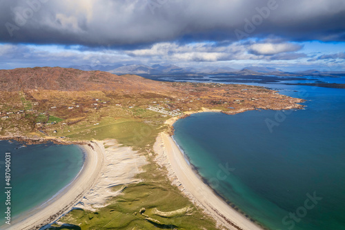 Two beautiful beaches separated by sand dunes. Dog's bay and Gurteen bay beaches. county Galway, Ireland. Aerial high point view. Popular travel destination in Connemara area photo