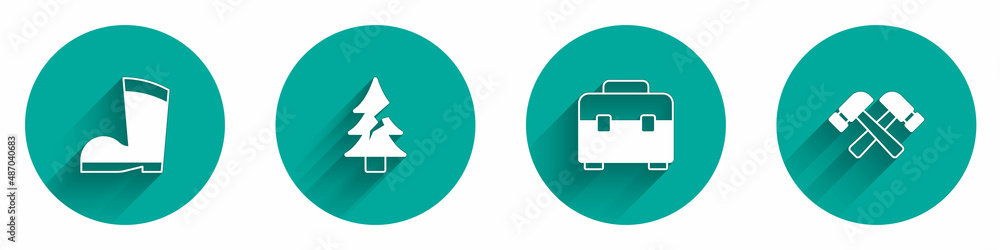 Set Waterproof rubber boot, Tree, Toolbox and Crossed hammer icon with long shadow. Vector Set Waterproof rubber boot, Tree, Toolbox and Crossed hammer icon with long shadow. Vector