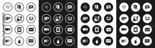 Set Optical disc drive, Motherboard digital chip, Video graphic card, Computer mouse, Web camera, Case of computer, Hard disk HDD and monitor icon. Vector