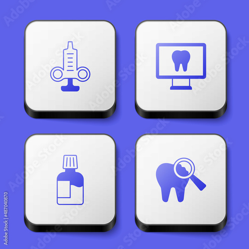 Set Syringe, Online dental care, Mouthwash and Broken tooth icon. White square button. Vector