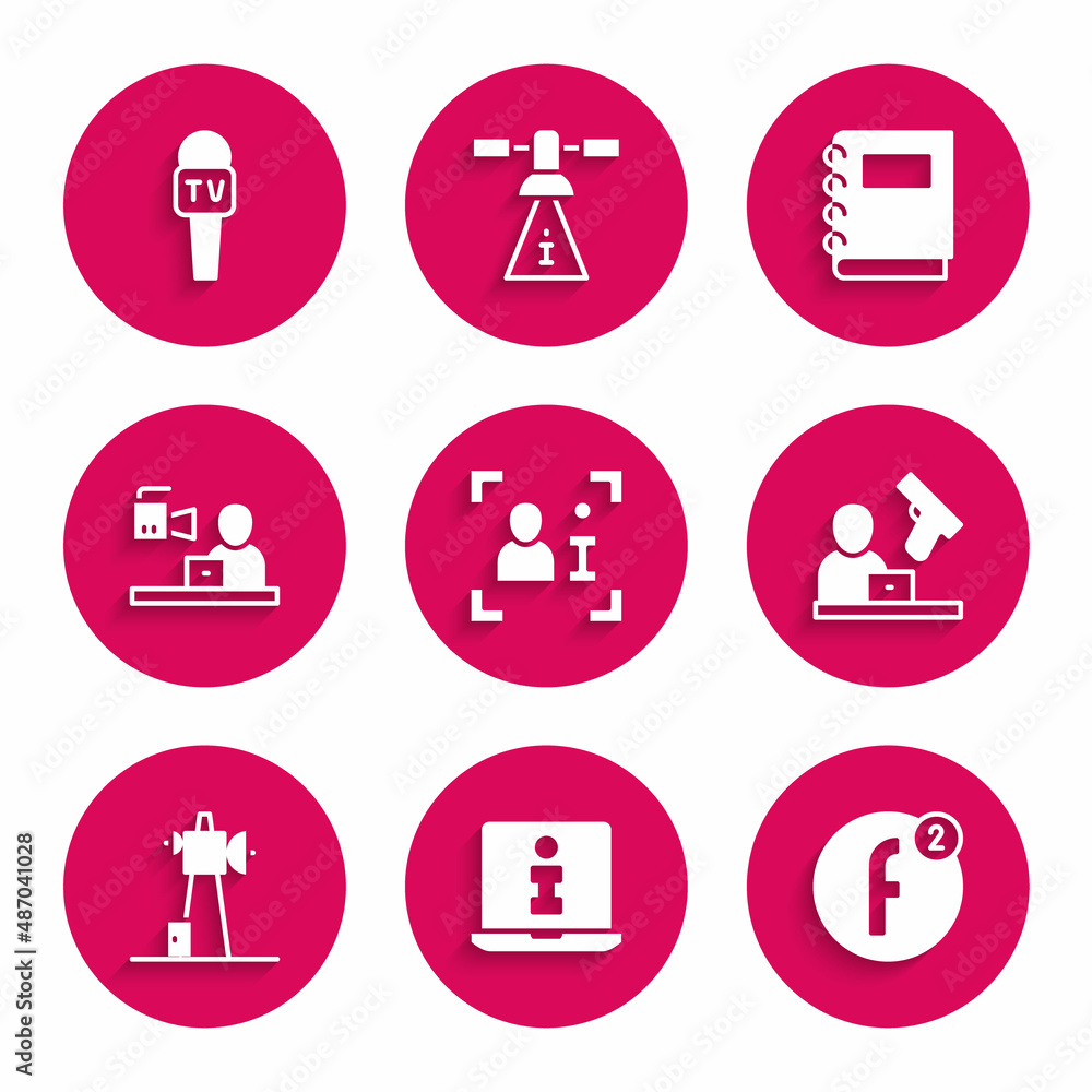 Set Television report, Information, Create account, Crime news, Antenna, Breaking, Notebook and Microphone icon. Vector Set Television report, Information, Create account, Crime news, Antenna, Breaking, Notebook and Microphone icon. Vector