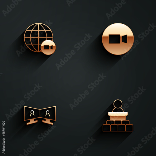 Set Video chat conference, and Speaker icon with long shadow. Vector