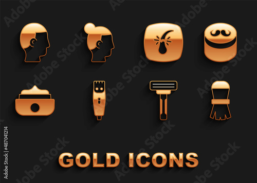 Set Hair clipper, Gel or wax for hair styling, Shaving brush, razor, Broken follicle, Hairstyle men and icon. Vector