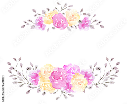 Fototapeta Naklejka Na Ścianę i Meble -  Watercolor set ornament of pink and yellow roses flowers isolated on white background. Floral frame.