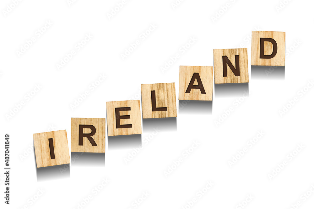 Ireland, word on wooden blocks. Isolated on a white background. Ireland, word on wooden blocks. Isolated on a white background.