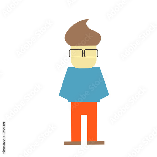 Vector flat character design on millennial boy. Casually clothed cheerful student standing full length. Simple icon