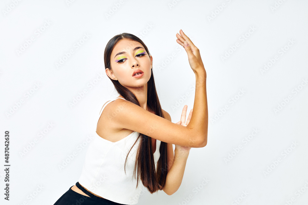 beautiful brunette white t shirt hand gestures charm isolated background unaltered beautiful brunette white t shirt hand gestures charm isolated background unaltered