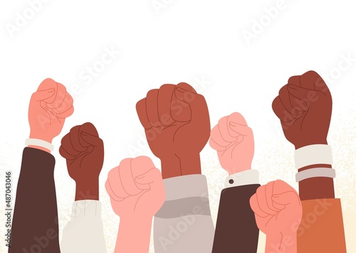 Peoples fists raised up at protest, strike. Activists arms. Crowd at demonstration, revolution. Fight for human rights and freedom concept. Flat vector illustration isolated on white background