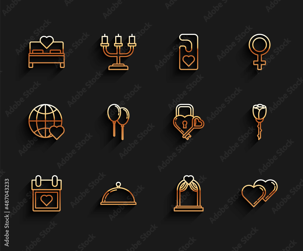 Set line Calendar with heart, Covered tray of food, Bedroom, Wedding arch, Two Linked Hearts, Balloons ribbon, Flower rose and Castle the shape and key icon. Vector Set line Calendar with heart, Covered tray of food, Bedroom, Wedding arch, Two Linked Hearts, Balloons ribbon, Flower rose and Castle the shape and key icon. Vector
