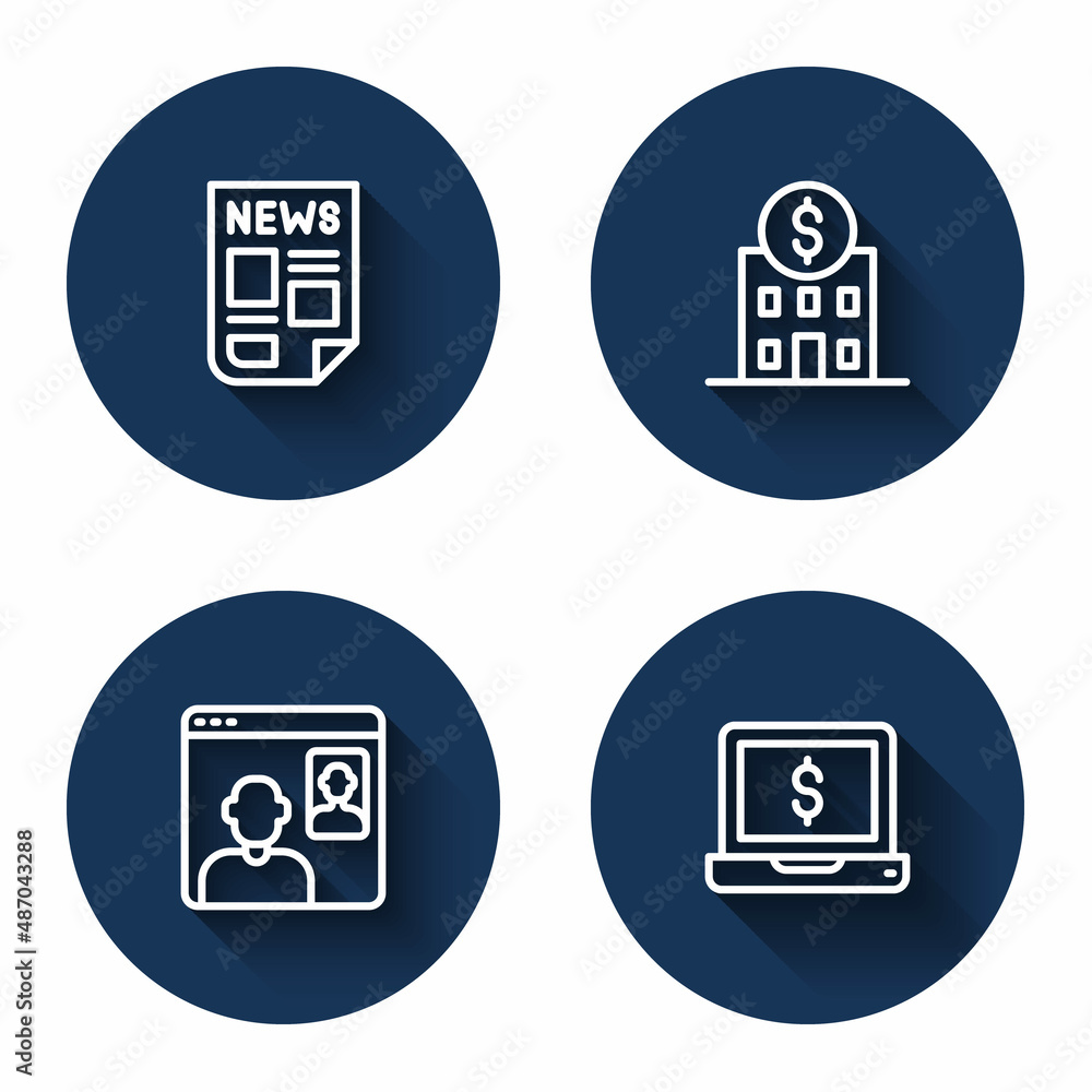 Set line News, Bank building, Video chat conference and Laptop with dollar with long shadow. Blue circle button. Vector Set line News, Bank building, Video chat conference and Laptop with dollar with long shadow. Blue circle button. Vector
