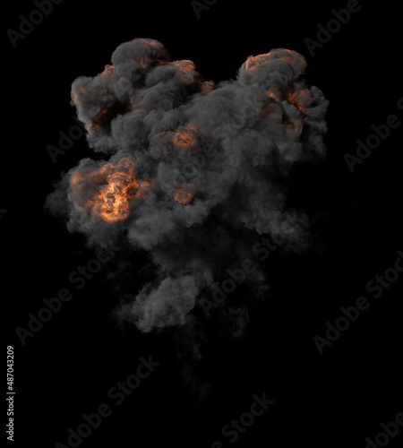 Puffy Dense and Grey Smoke Cloud with Orange Explosion parts on black photo