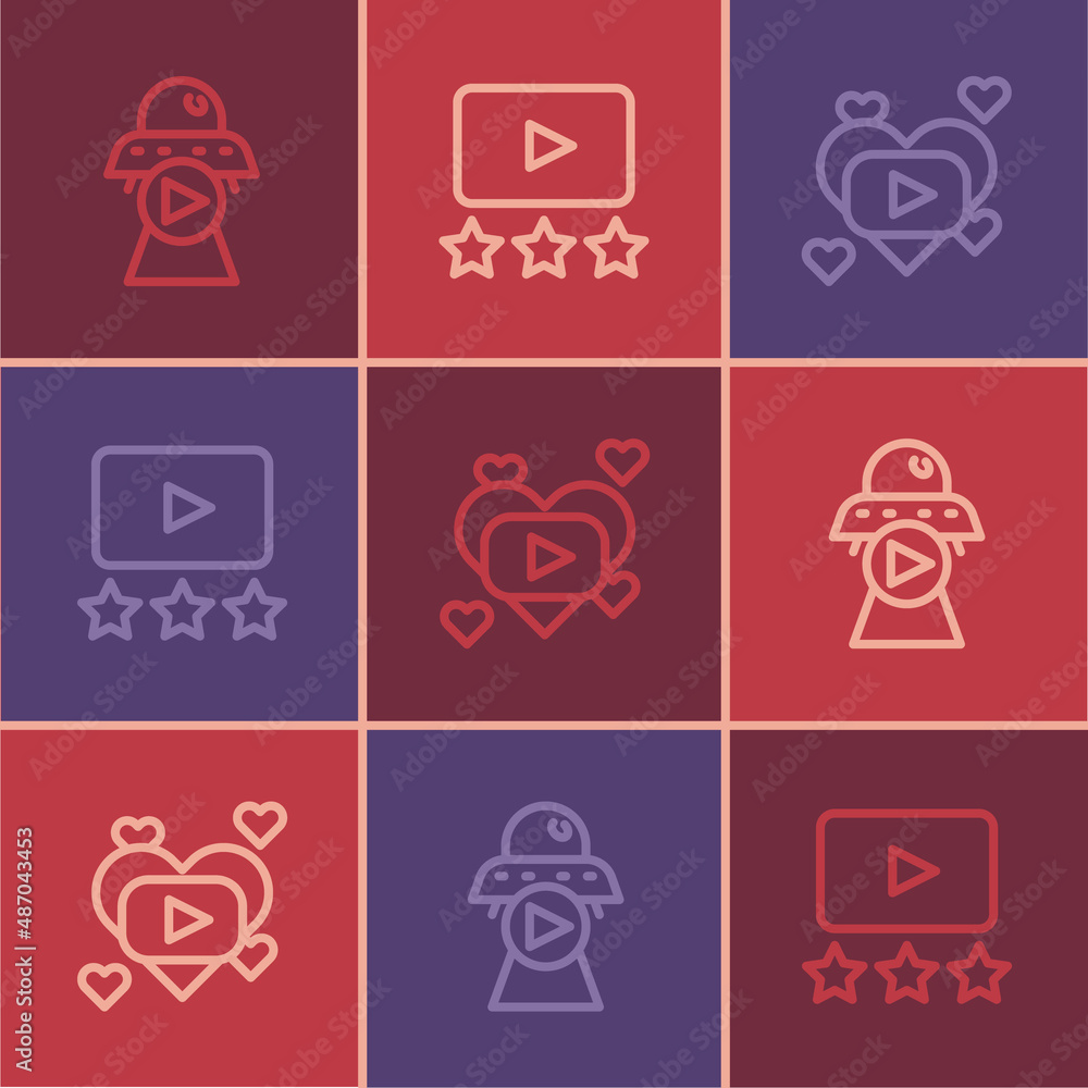 Set line Science fiction, Romantic movie and Rating icon. Vector Set line Science fiction, Romantic movie and Rating icon. Vector