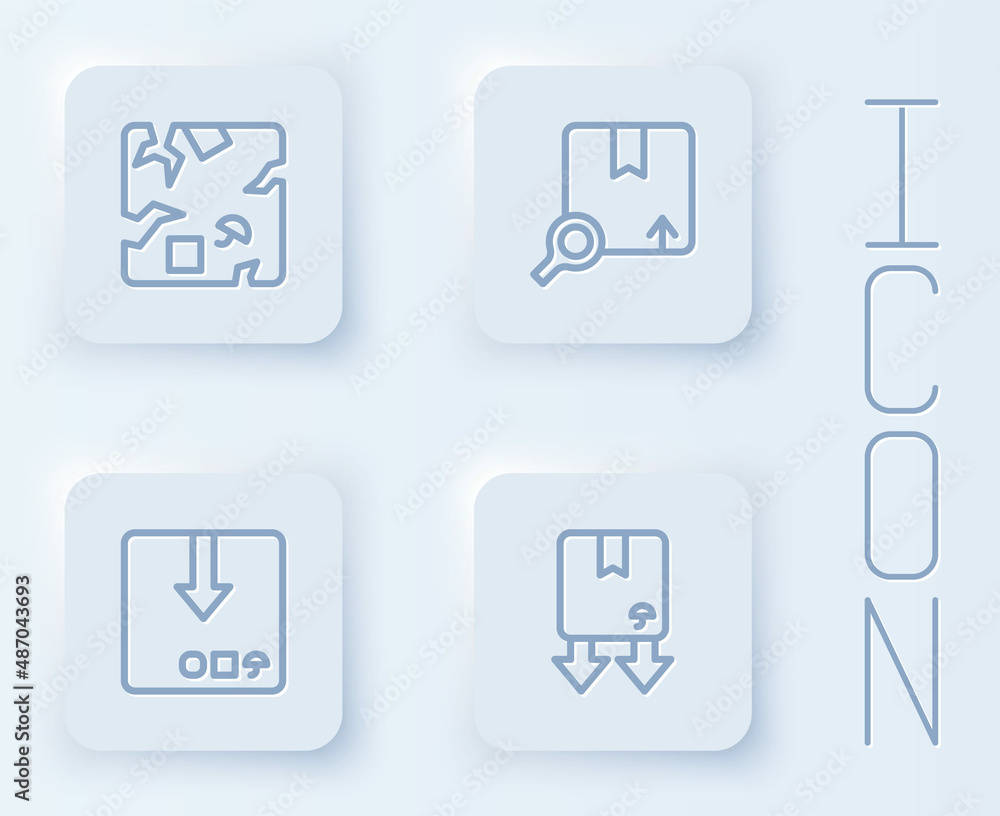 Set line Broken cardboard box, Search package, Carton and Cardboard with traffic symbol. White square button. Vector Set line Broken cardboard box, Search package, Carton and Cardboard with traffic symbol. White square button. Vector