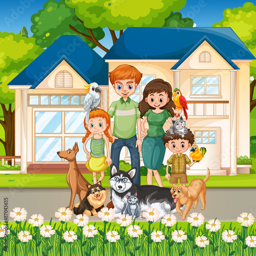 Outdoor scene with family and their pet