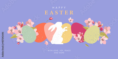 Happy Easter greeting card. Trendy Easter design with border made of eggs, bunny and spring flowers in pastel colors on light blue. Modern flat style. Horizontal poster, banner, header for website