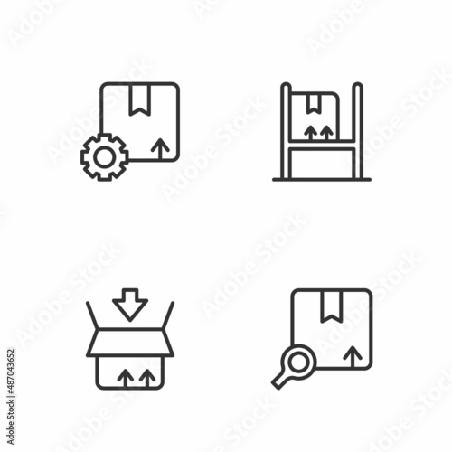 Set line Search package, Carton cardboard box, Gear with and Warehouse interior boxes icon. Vector