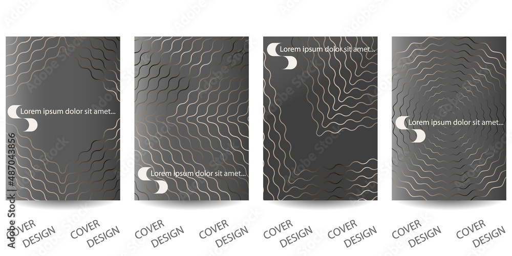 Luxury minimal geometric backgrounds set. Gray geometric pattern with wavy texture of thin metallic lines . For printing on covers, banners, sales, flyers, menus, certificates. Contemporary design.