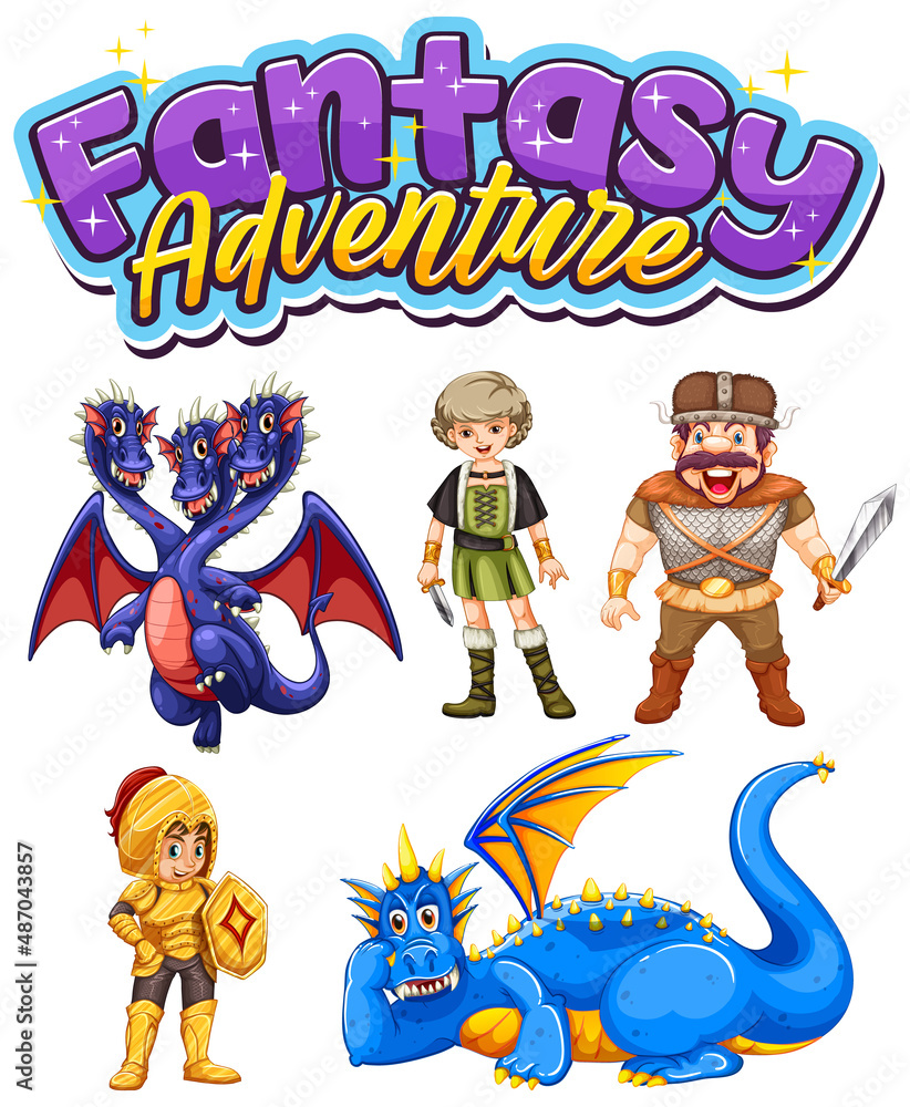 Fototapeta premium Set of dragon and fairy tale cartoon characters