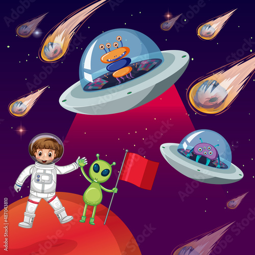 An astronaut in space with alien in ufo