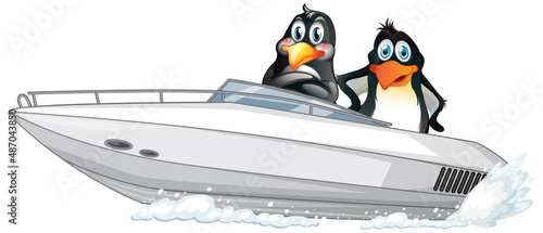 Penguins on a speed boat in cartoon style