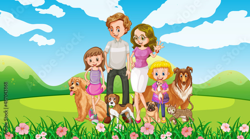 Fototapeta Naklejka Na Ścianę i Meble -  Outdoor scene with happy family and dogs