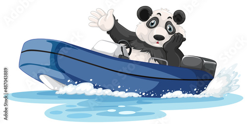 Panda on a motor boat in cartoon style