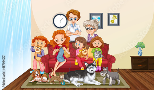 Happy family with their pet in the living room