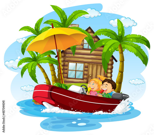 Children on boat with a bungalow on the island