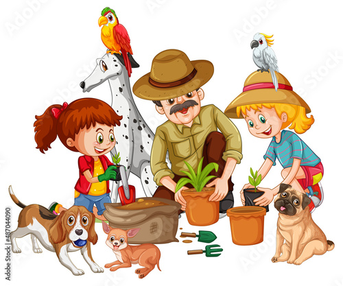 Happy family planting with their pets
