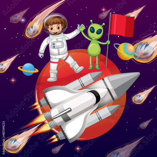 Astronaut and alien standing on Mars with rocket ship