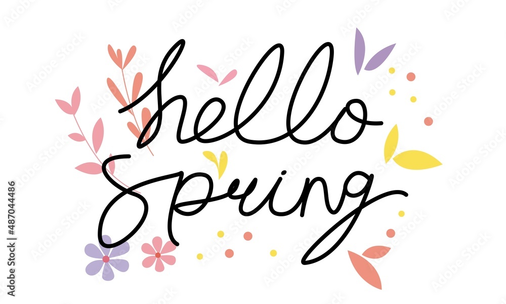 Hello spring calligraphy decoration with floral and leaves illustration. spring decorative lettering. Vector illustration.
