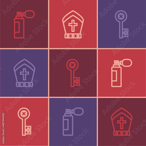 Set line Perfume, Old key and Pope hat icon. Vector
