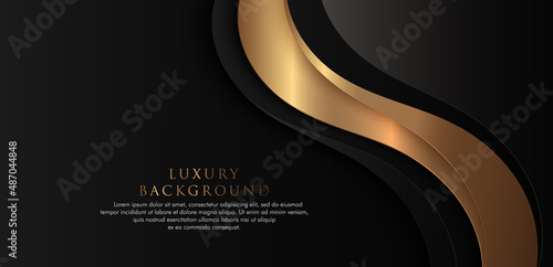 Abstract luxury black and gold wave shapes background with shadow decoration. Modern overlap wave layers vector. Luxury and elegant template element with space for your text