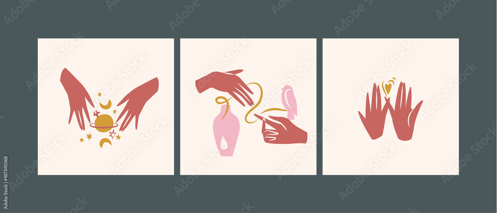 Vector illustration set of crossing female hands with a heart isolated on white background. Love and friendship concept.