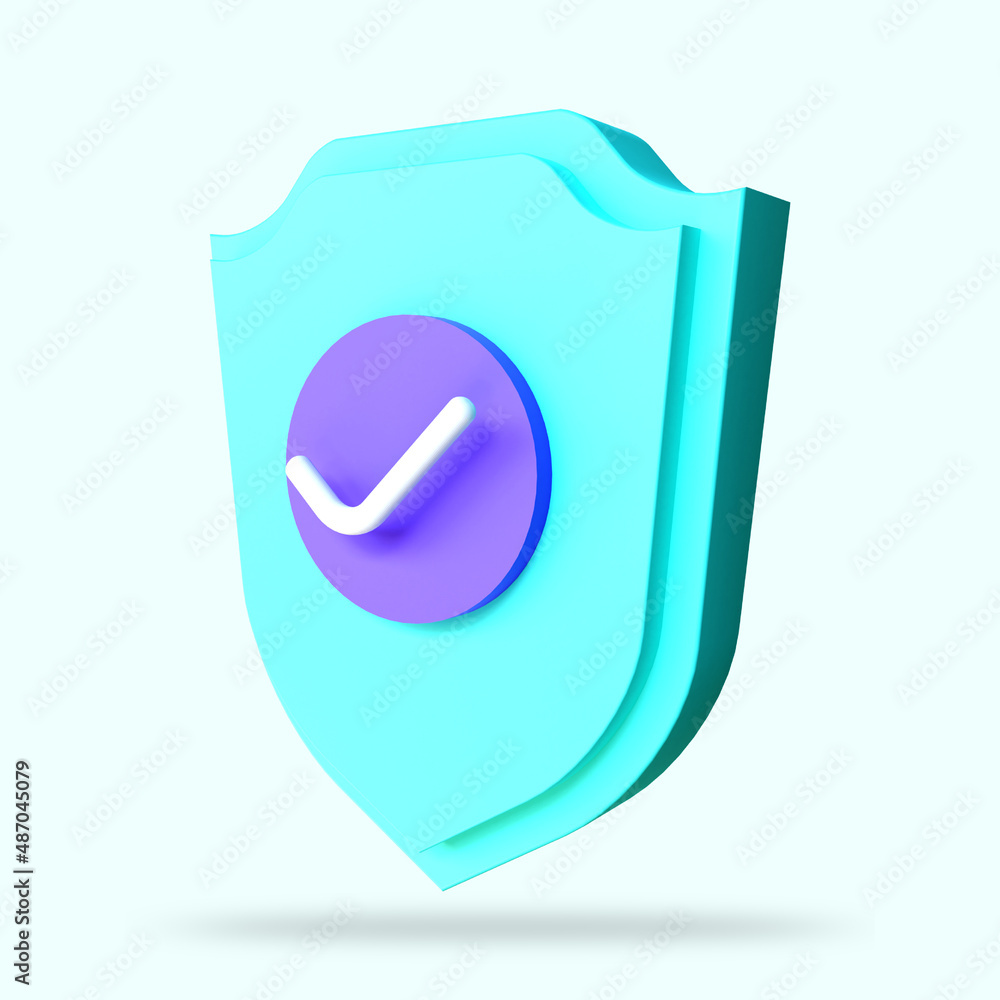 Shield protection icon, checkmark on security shield symbol, guaranteed icon. Security concept, online safety. 3d rendering illustration Shield protection icon, checkmark on security shield symbol, guaranteed icon. Security concept, online safety. 3d rendering illustration