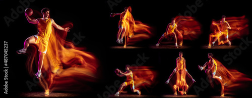 Collage of young man, professional basketball player in motion, trainin isolated over black background with mixed lights