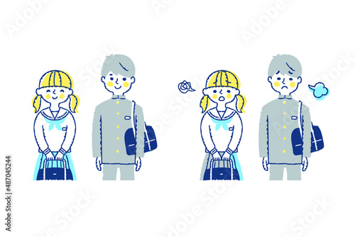 学生服を着た男女　困った表情と笑顔の表情