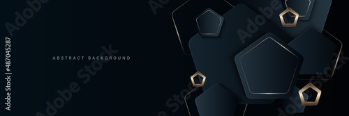 Modern luxury horizontal banner background with overlay dark blue golden geometric shapes layer and shadow decoration. Trendy simple pentagon shapes texture design. Luxury and elegant concept photo