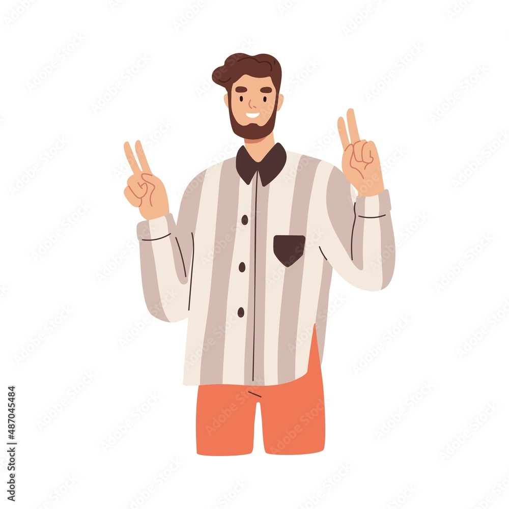 Happy person showing V sign, victory gesture with hands and two fingers. Smiling confident man expressing peace and support. Solidarity concept. Flat vector illustration isolated on white background Happy person showing V sign, victory gesture with hands and two fingers. Smiling confident man expressing peace and support. Solidarity concept. Flat vector illustration isolated on white background