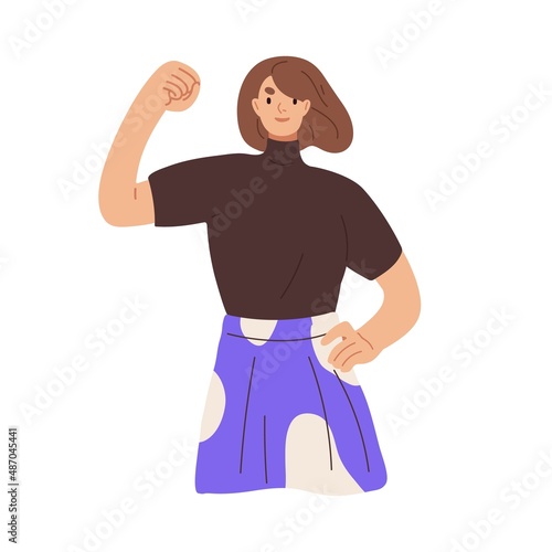 Strong woman gesturing with clenched fist. Confident powerful person winner with raised hand. Strength and solidarity sign with arm up. Flat graphic vector illustration isolated on white background