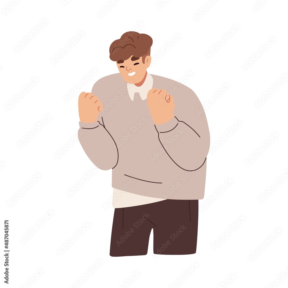 Happy lucky person gesturing with hands, fists. Young man winner with excited expression of joy. Successful employee with yes winning sign. Flat vector illustration isolated on white background Happy lucky person gesturing with hands, fists. Young man winner with excited expression of joy. Successful employee with yes winning sign. Flat vector illustration isolated on white background