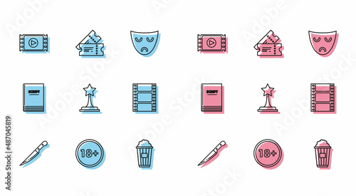 Set line Knife, Under 18 years, Play Video, Popcorn in cardboard box, Movie trophy, Scenario and Cinema ticket icon. Vector