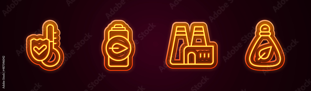 Set line Thermometer, Eco nature leaf battery, Factory production and Garbage bag. Glowing neon icon. Vector Set line Thermometer, Eco nature leaf battery, Factory production and Garbage bag. Glowing neon icon. Vector