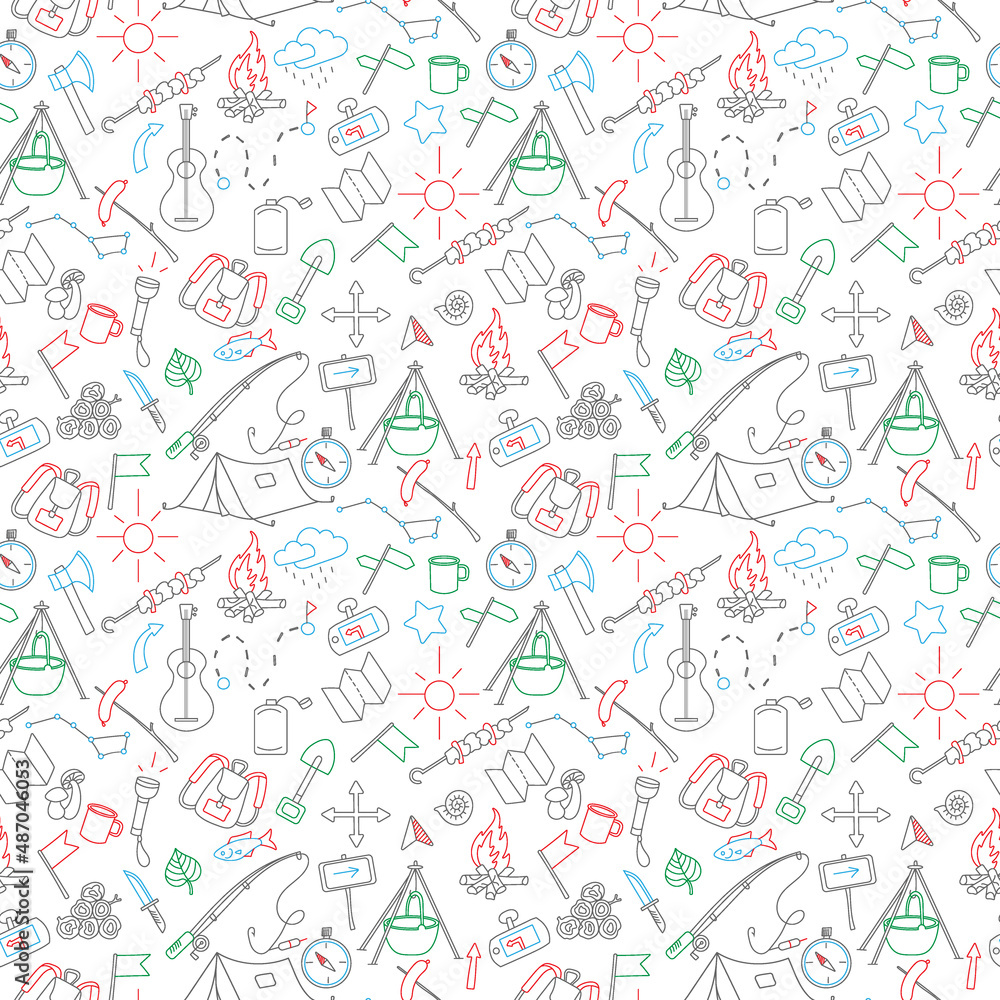 Seamless background with simple hand-drawn icons on the theme of camping and traveling, with colored marker on white background
