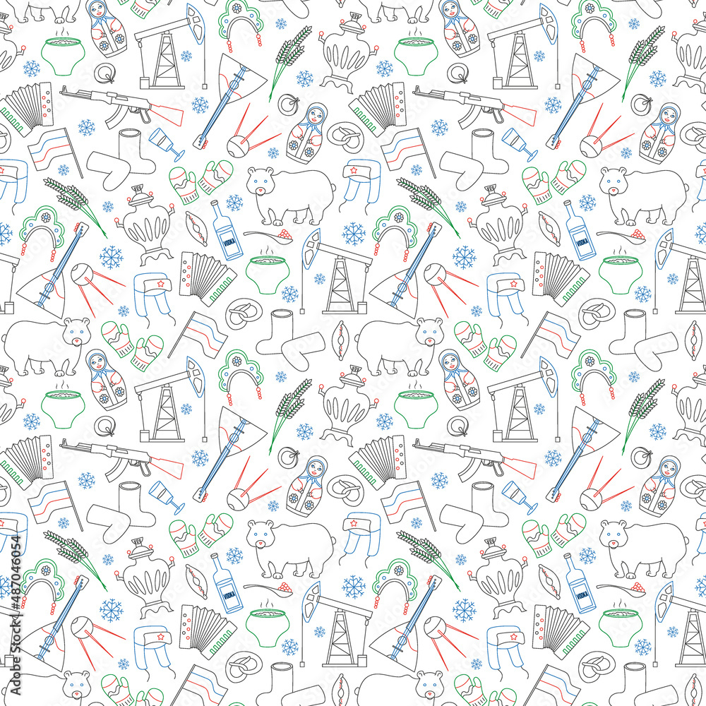 Seamless pattern on the theme of travel in the country of Russia, a simple outline of cartoon icons with a typical country characters, painted with colored markers on white background Seamless pattern on the theme of travel in the country of Russia, a simple outline of cartoon icons with a typical country characters, painted with colored markers on white background