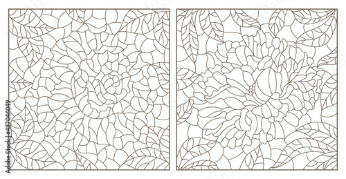Set of contour illustrations in stained glass style with abstract peony and rose flowers, dark outlines on a white background