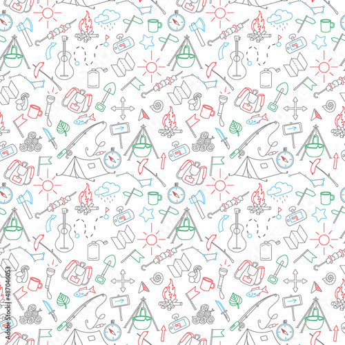 Seamless background with simple hand-drawn icons on the theme of camping and traveling, with colored marker on white background