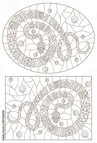 A set of contour illustrations in the style of stained glass with abstract snakes, dark contours on a white background